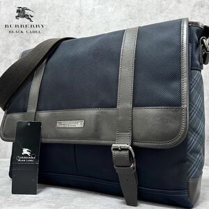 極美品●バーバリーブラックレーベル ノバチェック ビジネス メッセンジャー ショルダーバッグ A4可 ナイロン レザー BURBERRY BLACK LABEL