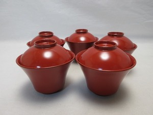 510105 【 美品 懐石道具 木製朱塗 箸洗 5客揃 茶器 箱無 】 検) 茶道具 茶懐石 小吸物椀 和食器 汁椀 茶事 蓋付椀 来客 漆器 ⅰ