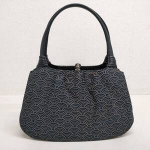 印傳屋 レディース がま口 和装バッグ ハンドバッグ ネイビー系 いんでんや INDENYA 布 26 × 17 × マチ9cm 青海波