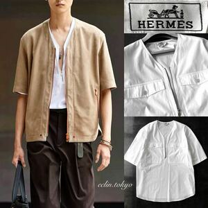 【E4360】新品同様！HERMES エルメス《ランウェイ最多着用の目玉商品》2022春夏 最高級仕様！プルオーバーZIPコットン シャツ 15 4/3 40 白