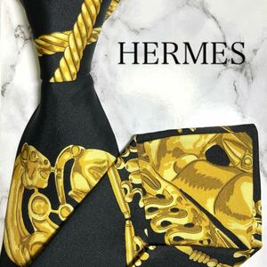 美品　HERMES エルメス　ネクタイ　ブラック　イエロー　黒　黄色　スカーフ柄　シルク　フランス　メンズ　高級　ブランド　スーツ