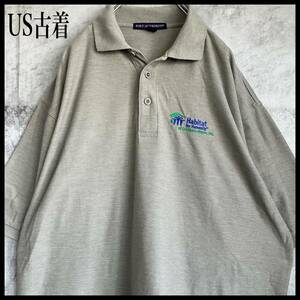 US古着 ロゴ刺繍 ポロシャツ 企業ロゴ グレー XLサイズ 679 ゴルフウェア GOLF 半袖 古着