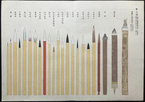 木版画【筆之図】横大判 明治期 真作 ■ 文房具 書道 文藝類纂 正倉院 唐物 寧楽大仏開眼筆 斑竹筆 Ukiyoe