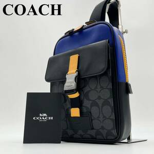 【希少色/美品】COACH コーチ 現行 メンズ 肩掛け クロスボディ ショルダーバッグ シグネチャー 革 レザー ブルー 青