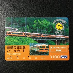 近鉄/記念カードー1999「鉄道の日記念(30000系　ビスタカー&ビスタEX重連運転)」パールカード(使用済/スルッとKANSAI)