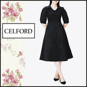 【セルフォード】衿付きホールガーメントワンピース ニットワンピース　紺　CELFORD　ストレッチ　ポケット　ネイビー　フィット＆フレア