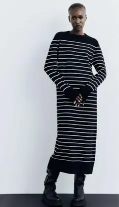 【美品】ZARA ザラ ロングニットストライプワンピース サイズM