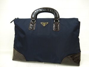 ◆美品◆PRADA プラダ◆クロコ型押し◆ナイロン レザー 本革◆ハンド バッグ◆ネイビー ブラウン G金具◆イタリア製◆A4サイズ可◆A9313