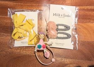 Milk & Soda【ミルク & ソーダ】ヘアピン2点＆ドールヘアゴム★キッズ　幼稚園　ベビー　かわいい　リボン　ピンク　イエロー
