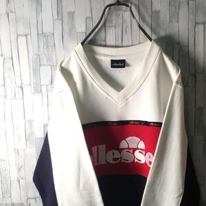 スウェット Vネック 白赤紺 ellesse 胸刺繍 レディースL