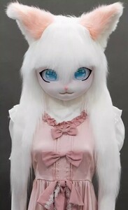 着ぐるみヘッド 猫 白と杏色 全頭ヘッド ケモノ マスク ファースーツ ぬいぐるみ コスプレ コスチューム