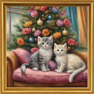 猫　花　クリスマスツリー　イラスト　絵　絵画　インテリア 子猫　Ｌ版サイズプリント ハンドメイド　NO66