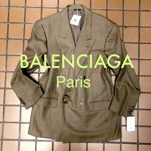 激安新品タグ付きBALENCIAGA Parisビンテージダブルテーラードジャケットガンメタル系朱子織柄サイズAB5 日本製メリノウールsilk混毛　レア