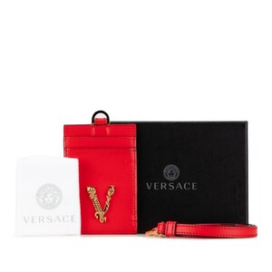 中古 美品 ヴェルサーチ カードケース ヴィルトゥス Vロゴ レザー Aランク レッド レディース VERSACE 【送料無料】【名谷店】