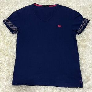 バーバリーブラックレーベル BURBERRY BLACK LABEL Tシャツ　半袖　Vネック　ネイビー　ノバチェック　サイズ2（M）　ホースロゴ　刺繍ロゴ