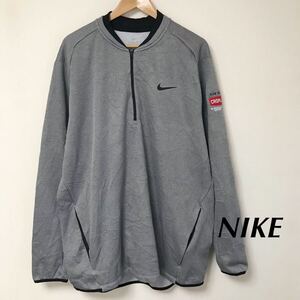 NIKE /DRI-FIT /メンズXXL 長袖 ハーフジップ プルオーバートップス 裏起毛 スウッシュ プリント グレー スポーツ アメカジ USA古着