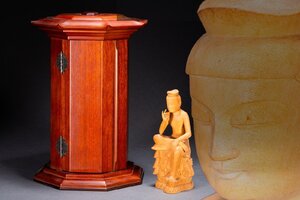 【善古堂】某有名オークション買入 時代物 木彫 弥勒菩薩半跏思惟像21CM 豪華赤木厨子入 仏教文化 骨董品 古美術0125-83S1