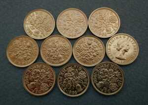 10コインセット 1966年 イギリス ラッキー6ペンス エリザベス女王 美品です綺麗にポリッシュされていてピカピカのコインです。