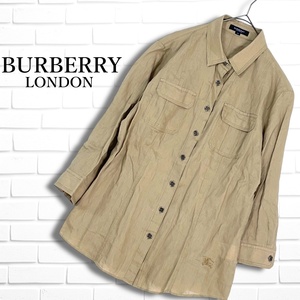 美品◆ BURBERRY LONDON バーバリー ロンドン 袖裏 チェック ホース 刺繍 リネン 麻 100% 七分袖 シャツ ブラウス レディース 40 L　0945A