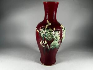 郎窯紅地緑釉龍紋観音瓶、経年保管美品、花道具花器美術品中国 花瓶 骨董