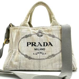 1円【王道】PRADA プラダ カナパ ハンドバッグ ショルダーバッグ トートバッグ 2WAY キャンバス デニム グレー系 三角ロゴ金具 白タグ 正規