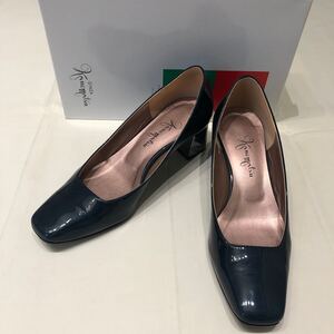 GINZA Kanematsu 銀座かねまつ エナメル スクエアパンプス　グリーン 23cm 日本製 ローヒール 靴 シューズ レディース 1967 LS23D