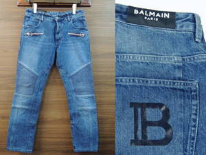 ◆ 美品 バルマン BALMAIN イタリア製 SLIM Bロゴ バックポケット 蛇腹 バイカー デニム パンツ 31サイズ MG045163D WASHユーズド加工