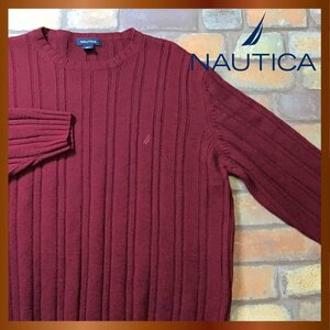 ME8-511★海外ビッグサイズ★状態良好&USA購入★【NAUTICA ノーティカ】ストライプ柄 セーター【メンズ XL】ワインレッド ニット 刺繍ロゴ