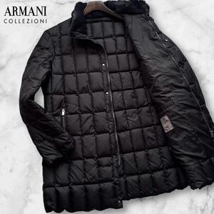 極美品/XXL相当◎アルマーニ コレツィオーニ ARMANI COLLEZIONI キルティング ダウンジャケット ロング コート 襟ファー フード付 黒 56