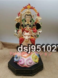 貴重品 ☆仏像 諸天神 ブロンズ像 【荼吉尼天騎狐像】高さ26cm 彩色 銅像 白狐 荼枳尼天 荼吉尼天 彫刻 銅像 彫像 美術品フィギュア贈り物