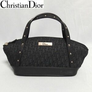 極美品★Christian Dior ロゴ トロッター スタッズ ミニ ハンドバッグ ポーチ 黒 キャンバス レザー クリスチャン・ディオール★