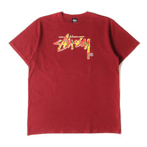 STUSSY ステューシー Tシャツ サイズ:XL フラワー柄 ストックロゴ クルーネック 半袖Tシャツ バーガンディー トップス カットソー