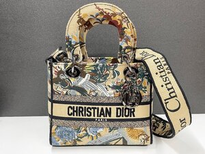 美品 Dior Lady D-Lite ディオール ブックトート 2Way ハンドバッグ ショルダーバッグ 鳥 総柄 ミディアム キャンバス レディース