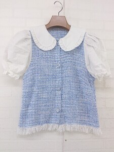 ◇ ◎ ZARA ザラ ツイード調 半袖 ブラウス カットソー サイズEUR XS USA XS MEX 24 ブルー ホワイト系 レディース P