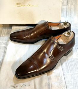 Santoni サントーニ◆27.5cm 9◆ITALY製◆ストレートチップ キャップトゥ ダブルモンク 革靴 ビジネスシューズ ドレスシューズ メンズ 茶