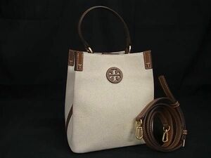 1円 TORY BURCH トリーバーチ キャンバス×レザー 2WAY ハンドバッグ ショルダー 斜め掛け レディース アイボリー系×ブラウン系 FD6598