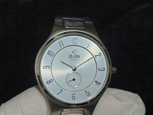 ELGIN エルジン スモセコ FK-1258-G シルバー 薄型 腕時計 純正ベルト 電池切れ 正常動作保証