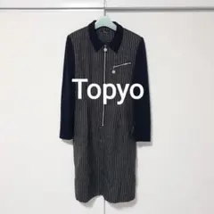 Topyo ワンピース 長袖 紺ストライプ レディース ロング丈 毛100%