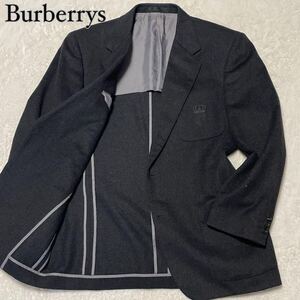 【希少!! カシミヤ】Burberry バーバリー ロゴ テーラードジャケット ウール カシミヤ カシミア ワッペン 刺繍 王冠 ブラック 黒 L位