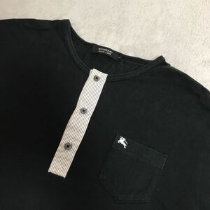 バーバリーブラックレーベル Tシャツ　半袖　ヘンリーネック　ストライプ柄　黒系　 ブラック系　胸元ホースロゴ刺繍　サイズ3 