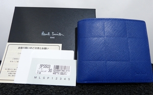 ◇未使用保管　Paul Smith ポールスミス　チェッカーエンボス フラップ 青 ブルー メンズ二つ折り財布　牛革 BPS503◇