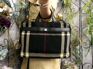 超美品●BURBERRY バーバリー●ハウスチェック●ウール カーフ レザー 本革●ハンド トート バッグ●黒 ベージュ 赤●SV金具●B5●Js51931