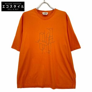 HERMES エルメス オレンジ コットン ブロック柄ステッチ Tシャツ オレンジ XXL トップス コットン メンズ 中古