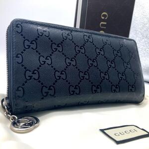 付属品完備/入手困難/光り輝くインプリメ● GUCCI グッチ メンズ 長財布 ラウンドファスナー 黒 GG柄 インターロッキング金具 レザー×PVC