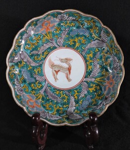 古伊万里 色絵 花唐草文 麒麟図 輪花 17cm 中皿 江戸後期 bcipd-Ea3337k(cd)-cd