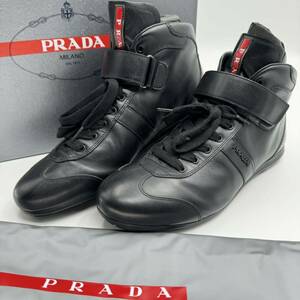 希少【美品】 PRADA プラダ スポーツ レザー スニーカー ハイカット 8 26.5cm 黒 ブラック ひもぐつ ベルクロ