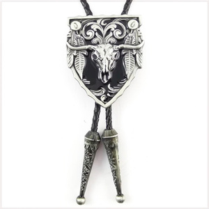 [Fashion] Bolo Tie ロングホーンカウスカル 牡牛 頭骨 Design カウボーイ ループ 紐ネクタイ レザーロープタイ ボロタイ (Vintage Silver)