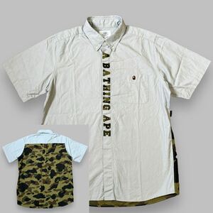 初期 A BATHING APE アベイシングエイプ 刺繍 ロゴ 迷彩 切り替え 半袖 シャツ L カモフラ 猿 ヒューマンメイド NIGO 裏原 アーカイブ