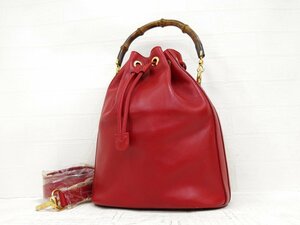 ◆美品◆GUCCI グッチ◆バンブー◆カーフ レザー 本革◆ハンド バッグ◆レッド ゴールド金具◆イタリア製◆巾着◆腕掛け◆A5398