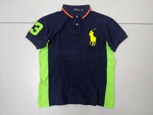 7．POLO ポロラルフローレン ビッグポニー デカロゴ ネオンカラー 半袖 ライン ポロシャツ メンズS 紺蛍光オレンジ蛍光黄 x207